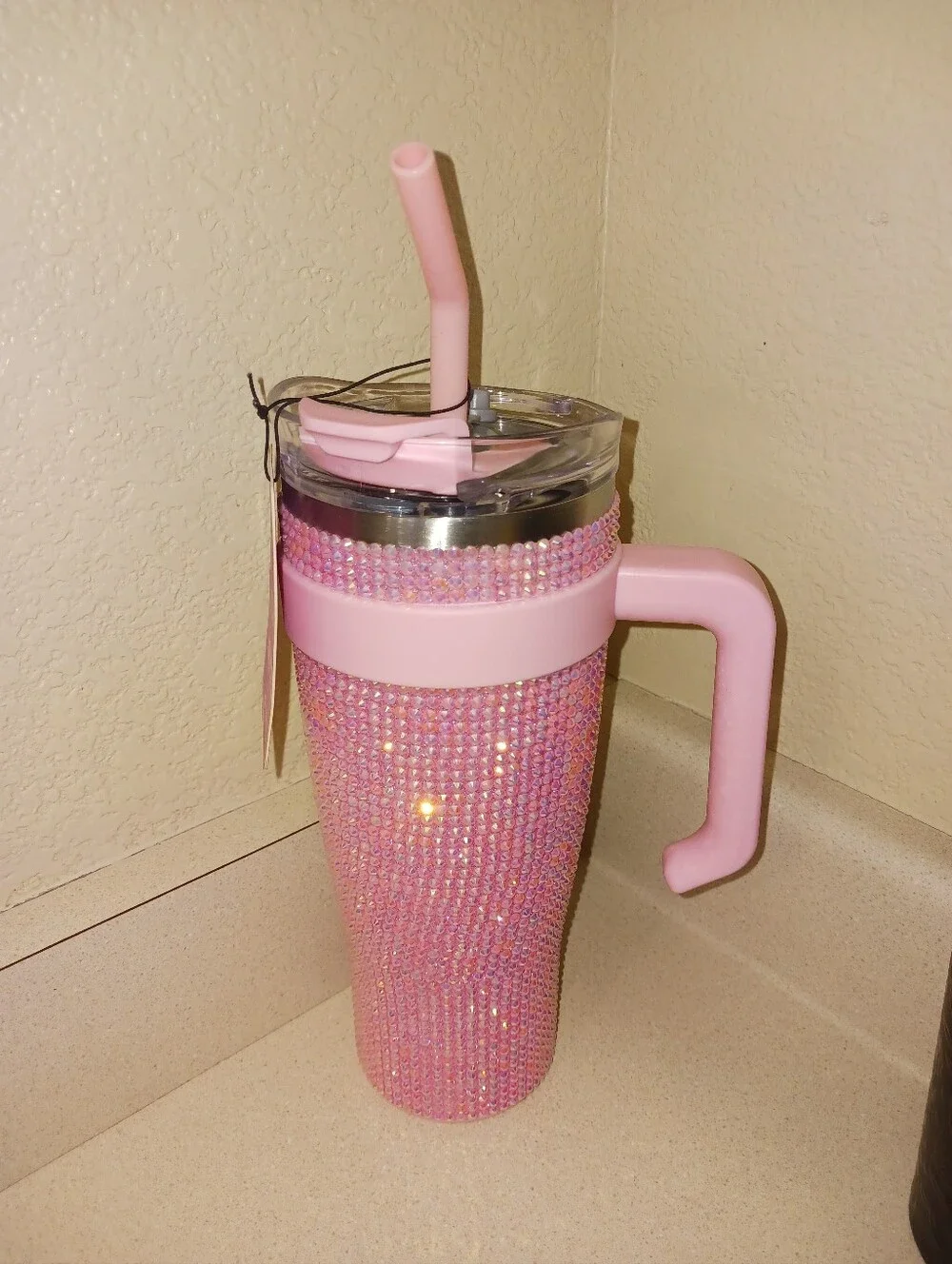 Pink Rhinestone Bling Travel Tumbler with Handle and Straw - Pink